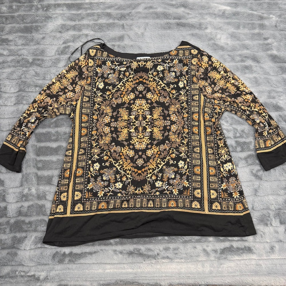 Charter Club Woman Medallion Scarf Print Boat Neck Top Black Gold 2X WPL 8046